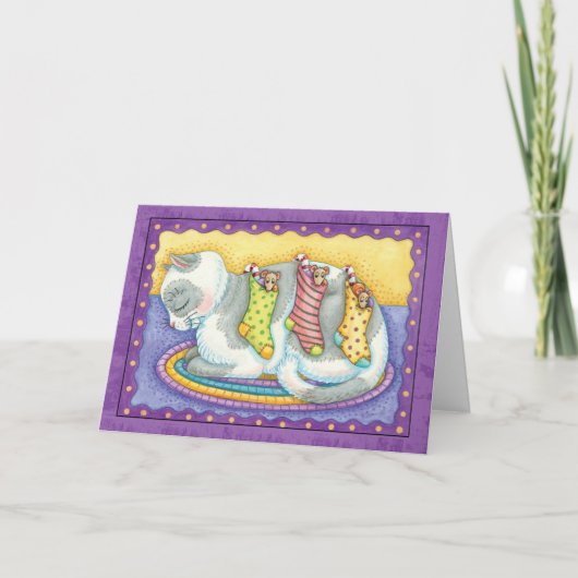 Kattenkerst Kaart met kleine muisjes in kousen (Voorkant)