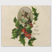Kattenkerst Vrolijk Holly Kitten Antiek Kunst Cadeaupapier (Vlak)
