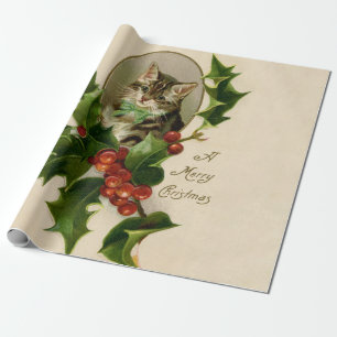 Kattenkerst Vrolijk Holly Kitten Antiek Kunst Cadeaupapier