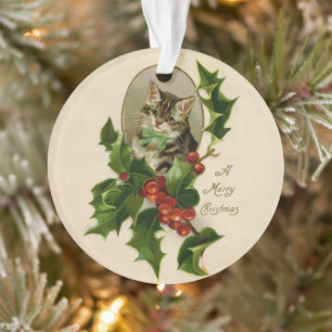 Kattenkerst Vrolijk Holly Kitten Antiek Kunst Ornament