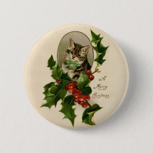 Kattenkerst Vrolijk Holly Kitten Antiek Kunst Ronde Button 5,7 Cm (Voorkant)