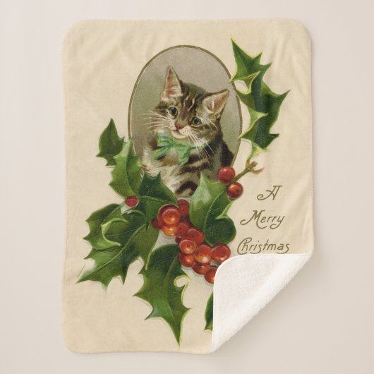 Kattenkerst Vrolijk Holly Kitten Antiek Kunst Sherpa Deken (Voorkant)