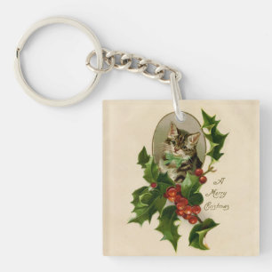 Kattenkerst Vrolijk Holly Kitten Antiek Kunst Sleutelhanger