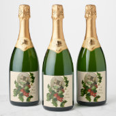 Kattenkerst Vrolijk Holly Kitten Antiek Kunst Sparkling Wijnetiket (Flessen)