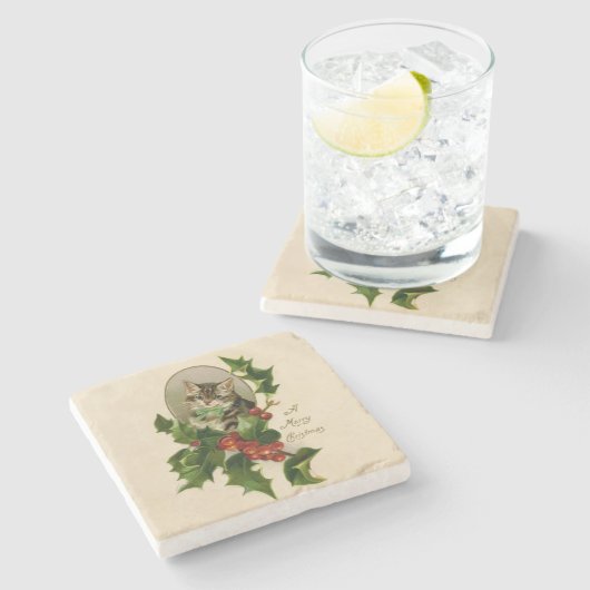 Kattenkerst Vrolijk Holly Kitten Antiek Kunst Stenen Onderzetter (Zijkant)