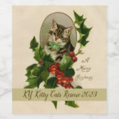 Kattenkerst Vrolijk Holly Kitten Antiek Kunst Wijn Etiket (Enkel label)