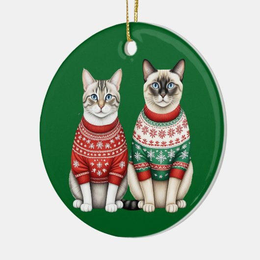 Kattenkerstversiering, Tabby en Siamese katten Keramisch Ornament (Links)