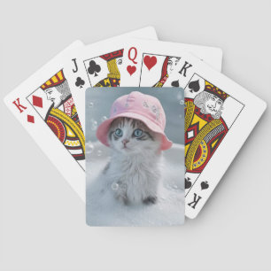 Kattenkitten in bubbelbad roze hoed schattig pokerkaarten