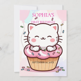 Kattenkopje Cupcake Eerste Verjaardag Kaart
