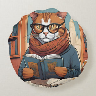 Kattenkussen. Schattigee kat die een boek leest. Rond Kussen