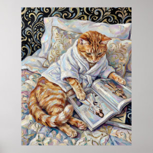 Kattenlezen in bed Mooie Muur Kunst Poster Print
