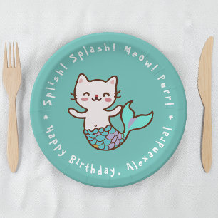 Kattenmeermin Blauwe Meisje Verjaardag Purrmaid Me Papieren Bordje