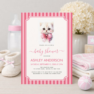 Kattenmeisje Baby Shower Mooie Roze Strik en Strep Kaart