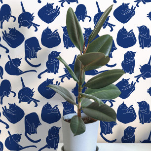 Kattenpatroon blauw en wit behang
