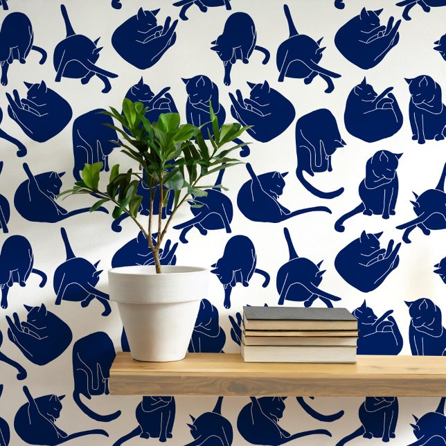 Kattenpatroon Blauw en Wit Behang (Navy indigo blue and white cat wallpaper)