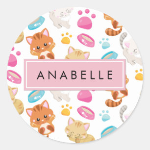 Kattenpatroon, stutten, Kat, Jouw naam Ronde Sticker