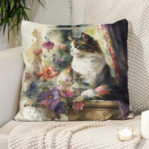 Kattenpoes Paarse Bloemen Raam Zonlicht Kussen