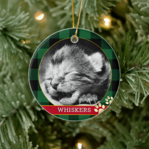 Kattenpootafdruk, Buffalo Plaid, baby kattenfoto Keramisch Ornament