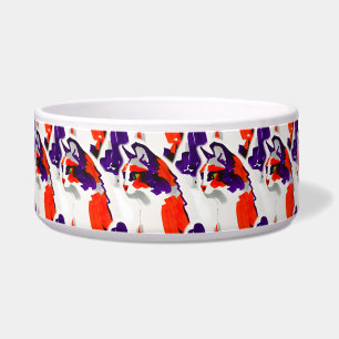 Kattenportret - Vet grafisch Sinaasappel en violet Voerbakje