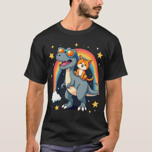 Kattenrijdende dinosaurus T-Rex kitten regenboog D T-shirt