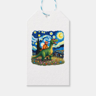 Kattenrijdende dinosaurus T-Rex sterrenhemel katte Cadeaulabel