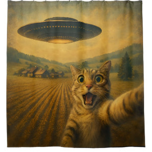 Kattenselfie met buitenaardse UFO grappige katteng Douchegordijn