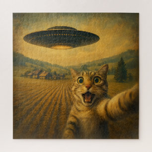 Kattenselfie met buitenaardse UFO grappige katteng Legpuzzel
