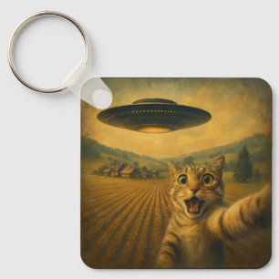 Kattenselfie met buitenaardse UFO grappige katteng Sleutelhanger