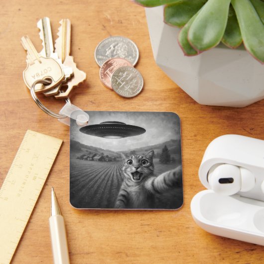 Kattenselfie met buitenaardse UFO grappige katteng Sleutelhanger (Bureau)