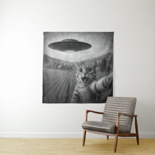 Kattenselfie met buitenaardse UFO grappige katteng Wandkleed