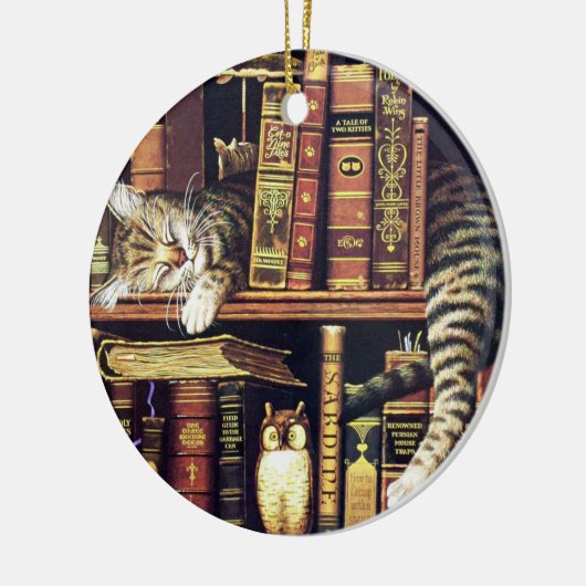 Kattenslaap in bibliothecaresse keramisch ornament (Links)