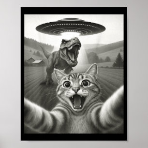 Kattenzelfie met buitenaardse UFO en T-rex Dinosau Poster