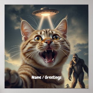 Kattenzelfie met UFO en Bigfoot Grappig Cadeau Poster