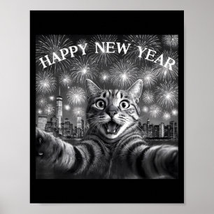 Kattenzelfie met vuurwerk aftellen Grappig Gelukki Poster