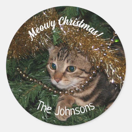 Kattige kerst ronde kat feestdag sticker  (Voorkant)