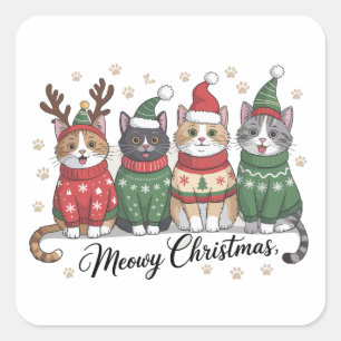 Kattige Kerstmis Kat Kute Katten met Kerstman Hoed Vierkante Sticker