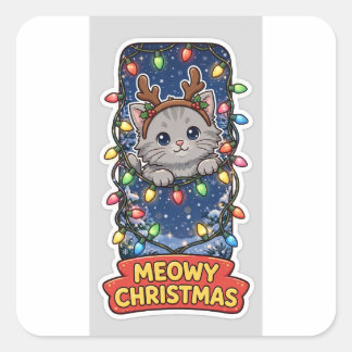 Kattige Kerststicker — Grijze Kitten Rendier Gewei Vierkante Sticker
