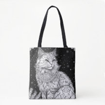 Katze mit Mandala unter magischem Sternenhimmel