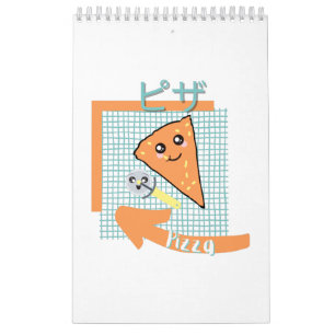 kawaï - schattige pizza , oranje , turquoise kalender