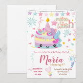 Kawai Unicorn Cake Pastel Anniversaire Invitation (Devant / Derrière)