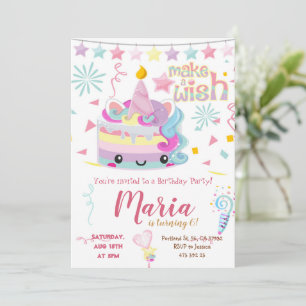 Kawai Unicorn Cake Pastel Anniversaire Invitation
