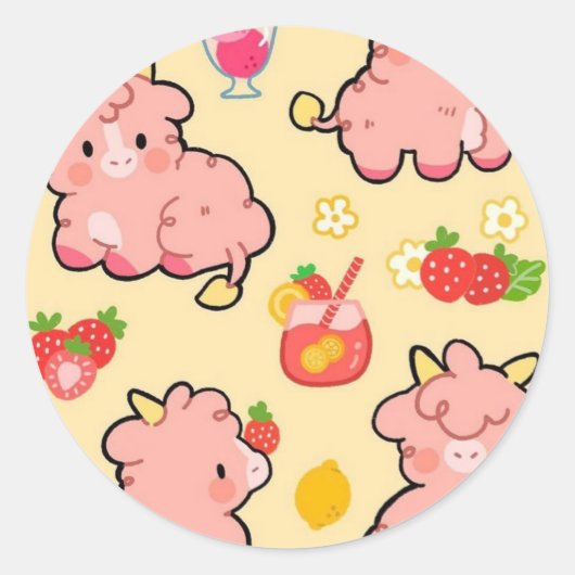 Kawaii aardbei limonade koe ronde sticker (Voorkant)