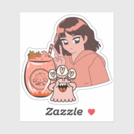 Kawaii aardbeiensmoothie en vredesteken Anime meis Sticker