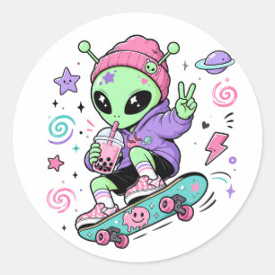 Kawaii Alien Skater Bubble Tea Ontwerp Ronde Sticker