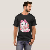 Kawaii Anime Cat Drink aardbeienmelk Japans T-shirt (Voorkant volledig)