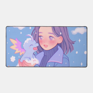 Kawaii Anime Girl Met Baby Dragon In Wintersneeuw Bureaumat