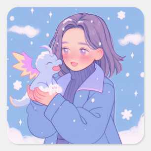 Kawaii Anime Girl Met Baby Dragon In Wintersneeuw Vierkante Sticker