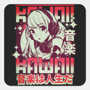 Kawaii Anime Girl Retro Music Vierkante Sticker