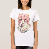 Kawaii Anime Girl With Cute Cat T-shirt (Voorkant)