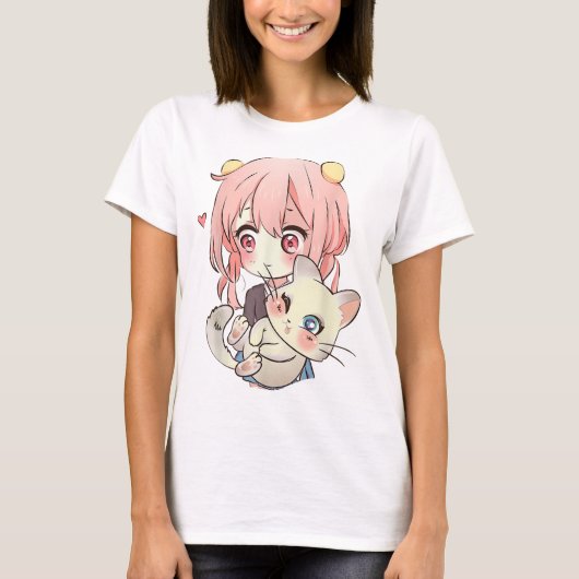 Kawaii Anime Girl With Cute Cat T-shirt (Voorkant)